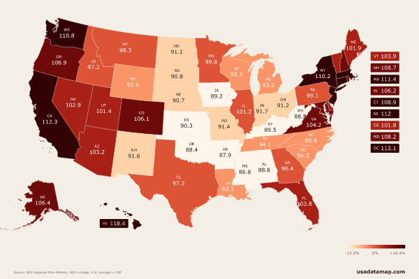 Map thumbnail: Cost of living index by state